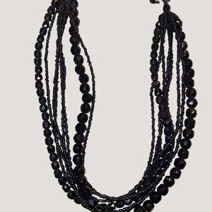 Necklace Glass 8 Multi Strand Size Black Seed Beaded Faceted Larger Hoop Clasp